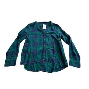 NWT Calvin Klein Jeans Womens L Blue Green Checkered Button Up Blouse Collarless